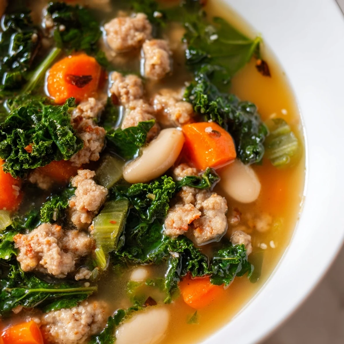 Homemade Turkey Sausage and Kale Soup ladled into a bowl, ready to enjoy.