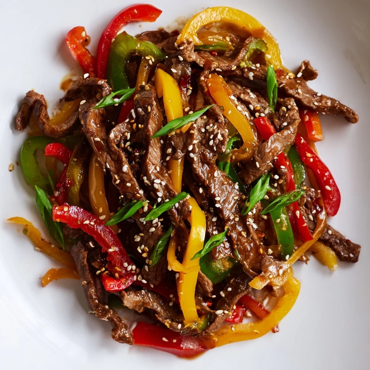 Quick-cooked Spicy Beef and Pepper Stir Fry wok-tossed with garlic and ginger, showcasing the colorful medley of bell peppers.