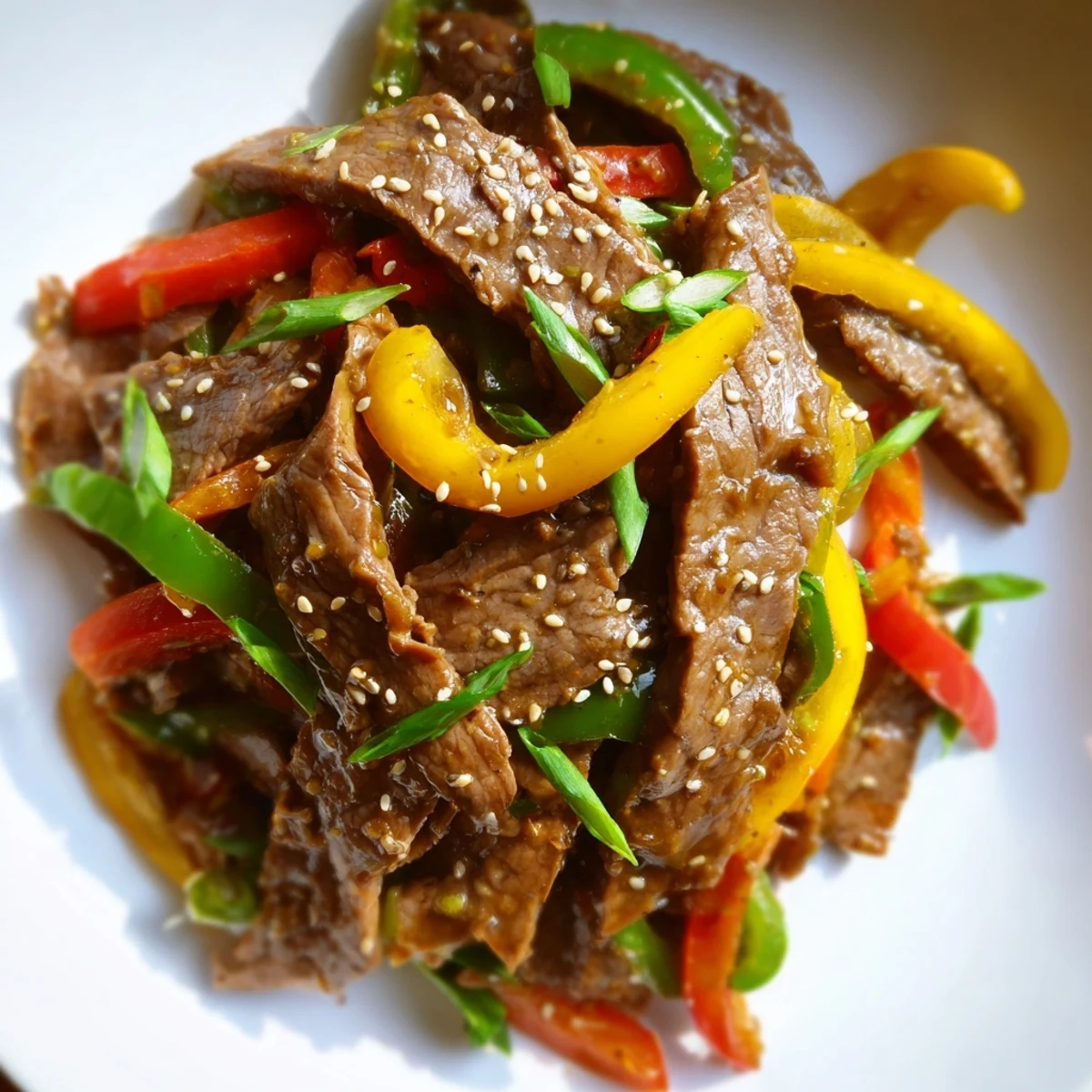 Sizzling Spicy Beef and Pepper Stir Fry served hot over a bowl of fluffy white rice, garnished with fresh green onions.