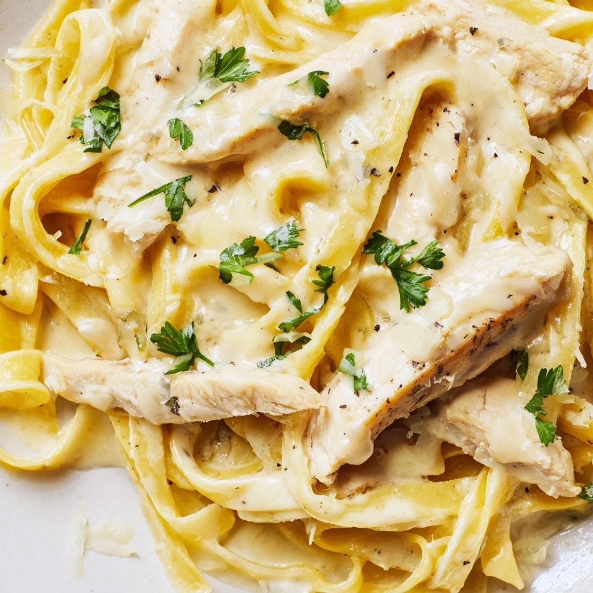 Close-up of Creamy Alfredo Pasta with Chicken with steam rising, fettuccine strands coated in rich sauce next to fresh parsley.