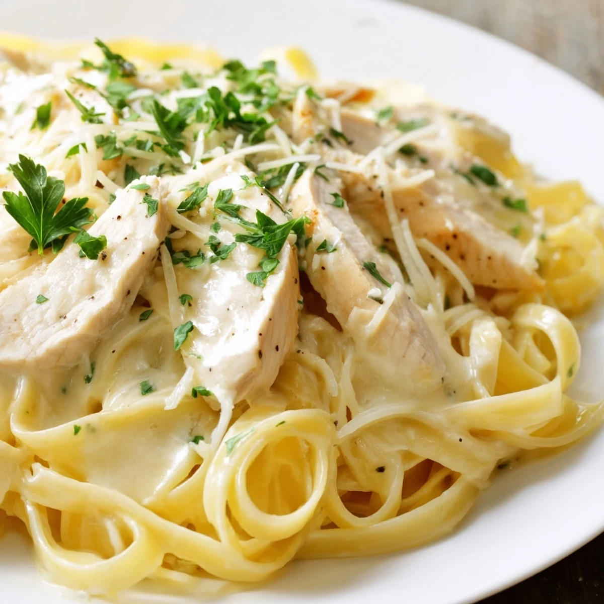 A skillet of Creamy Alfredo Pasta with Chicken, featuring golden chicken strips tossed in a velvety Parmesan cream sauce.