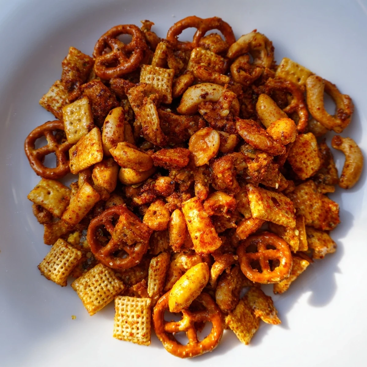 Golden-brown Spicy Snack Mix baked with pretzels, nuts, and Chex, seasoned with bold spices on a parchment-lined baking sheet.