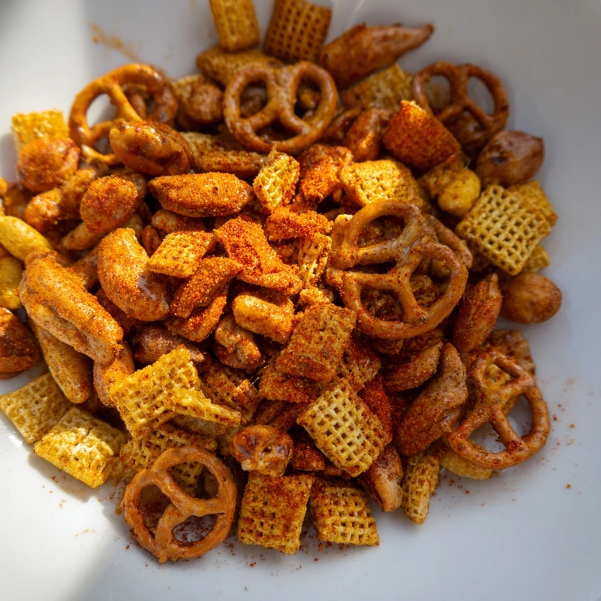 Homemade Spicy Snack Mix cooling on a tray, loaded with crunchy cheese crackers and toasted nuts for easy snacking.