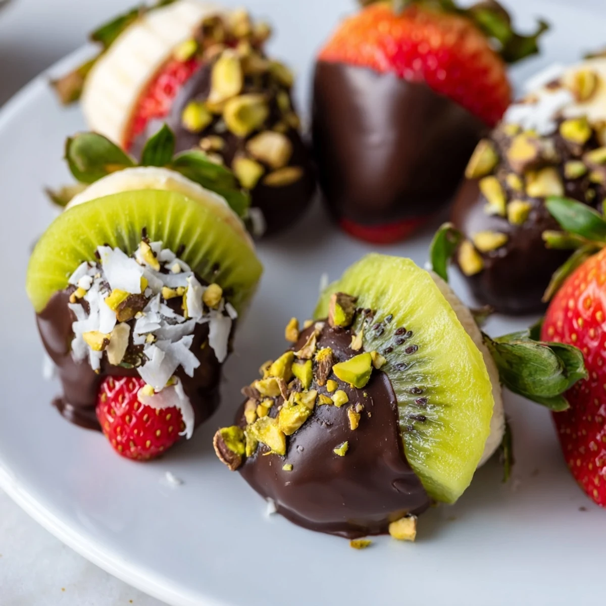 A close-up of Chocolate-Dipped Fruit Appetizers showing strawberries, banana slices, and kiwi pieces coated in rich dark chocolate with crushed pistachios.