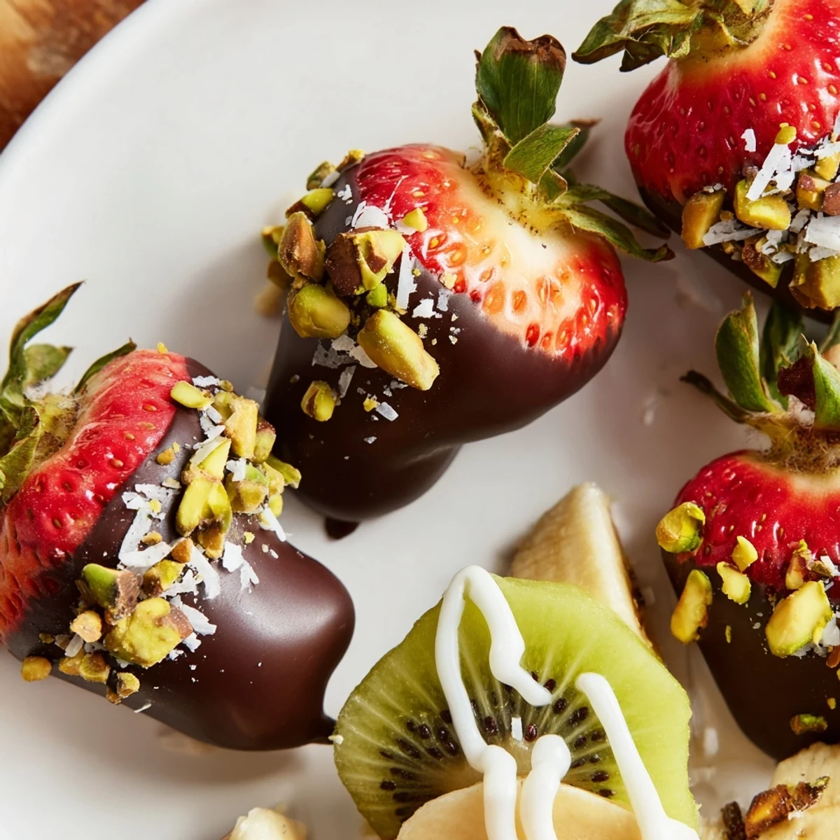 Vibrant Chocolate-Dipped Fruit Appetizers arranged on a white plate, half drizzled with white chocolate, served as a colorful party appetizer.