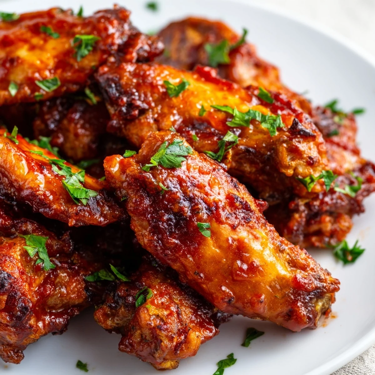 Close-up view of Crispy Chicken Appetizer Wings with crispy skin and a rich, buttery sauce, plated for a party appetizer.