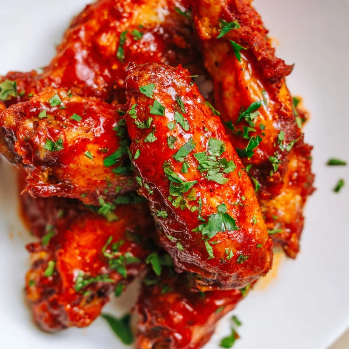 Arrangement of Crispy Chicken Appetizer Wings glistening with spicy glaze and parsley garnish, ready to be served with blue cheese dip.
