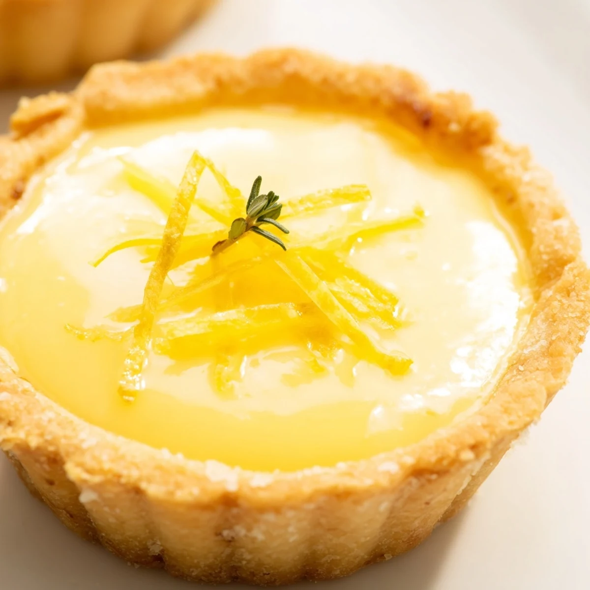 Fresh thyme sprigs and lemon zest garnish these tiny French appetizer tarts, ready to serve.