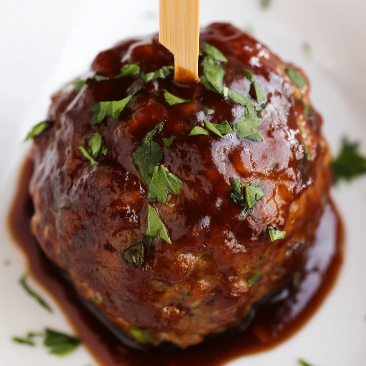 Savory turkey appetizer meatballs with a caramelized glaze, arranged on a white plate with a sprinkle of fresh herbs.