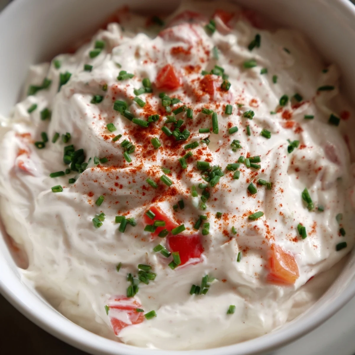 Creamy appetizer dip in a white serving bowl with a spoon, featuring diced red bell pepper and a rich, velvety texture.