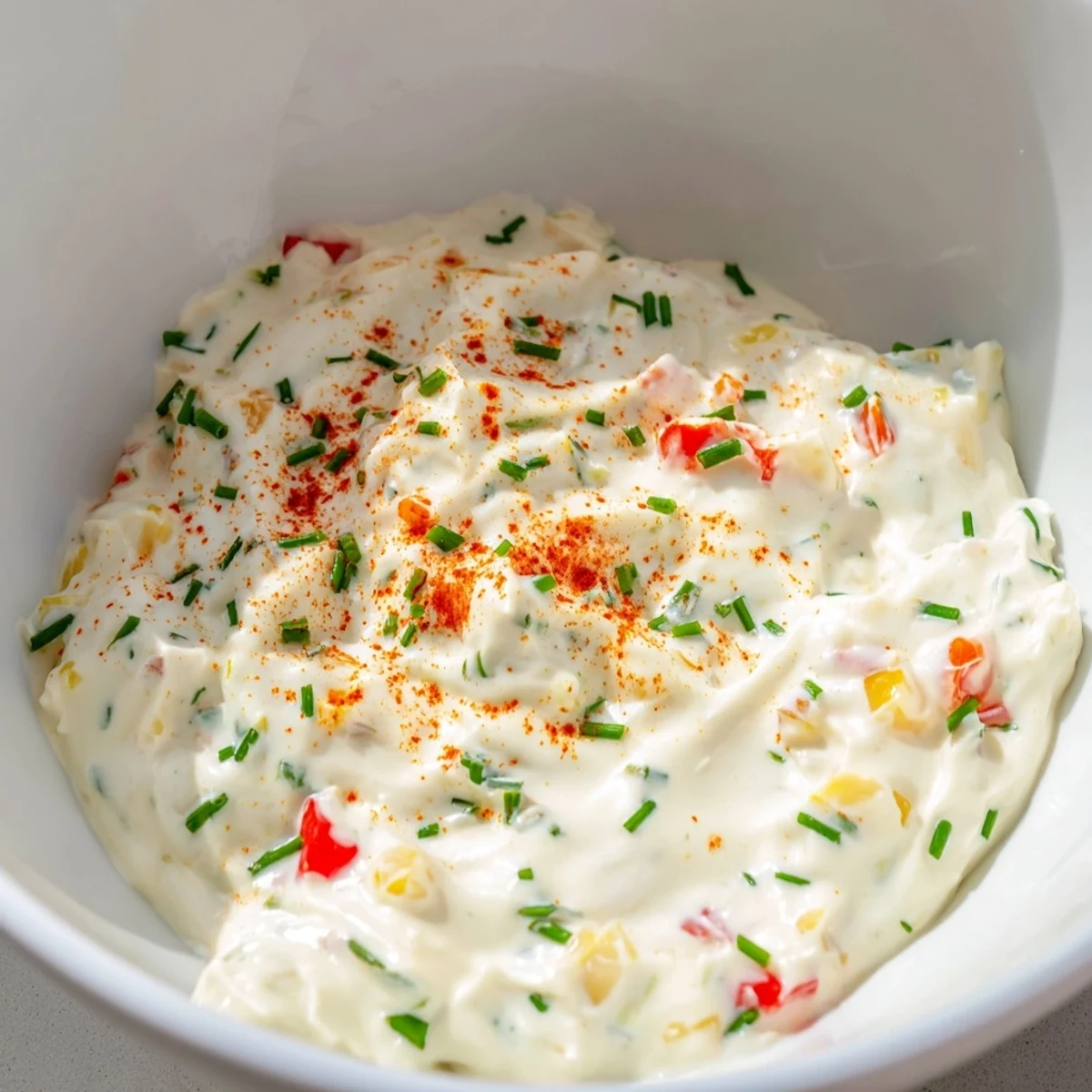 A bowl of creamy appetizer dip, garnished with fresh chives and paprika, surrounded by crisp vegetables and crackers for dipping.