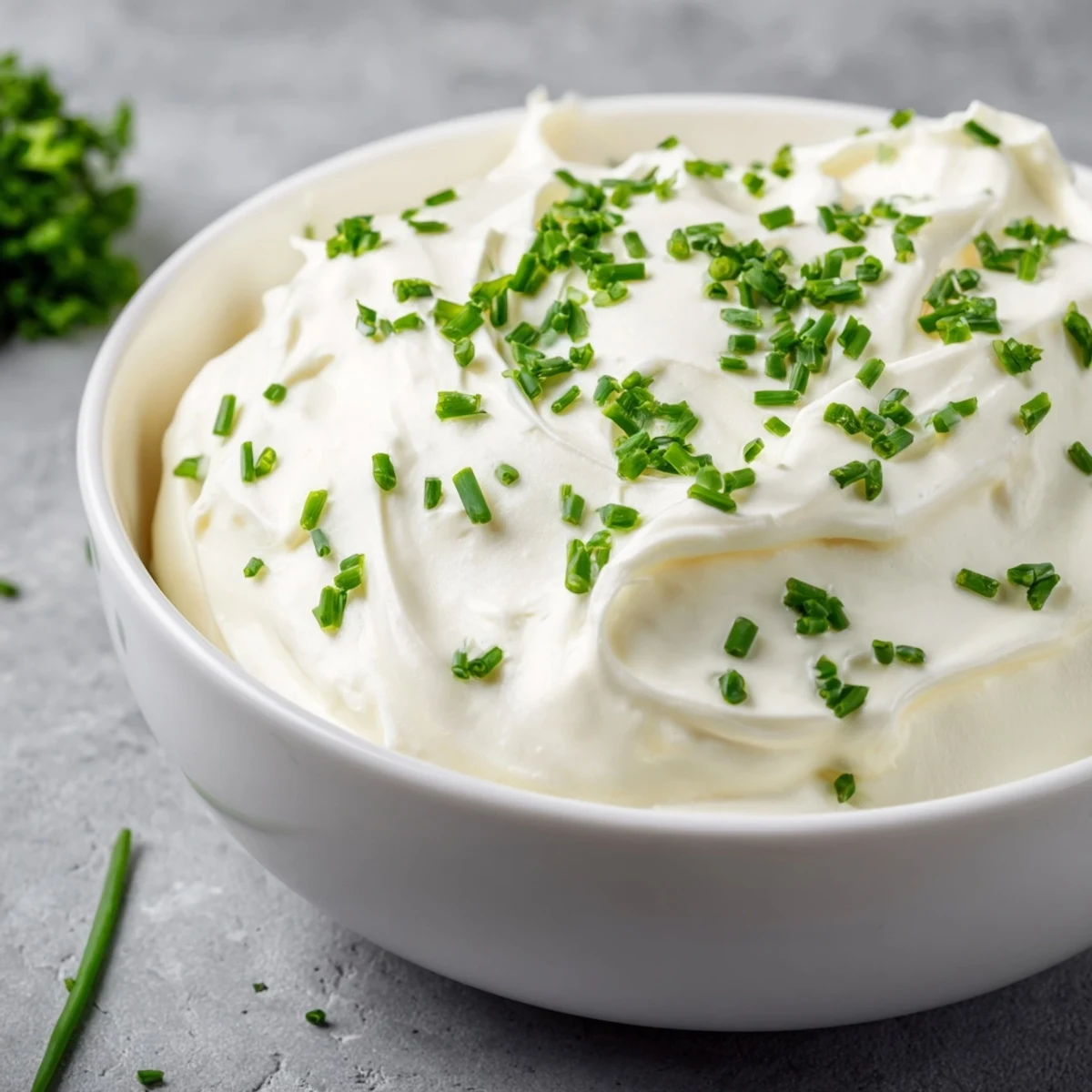 A chilled bowl of Creamy Snack Dip garnished with vibrant chopped chives and parsley for a fresh bite.