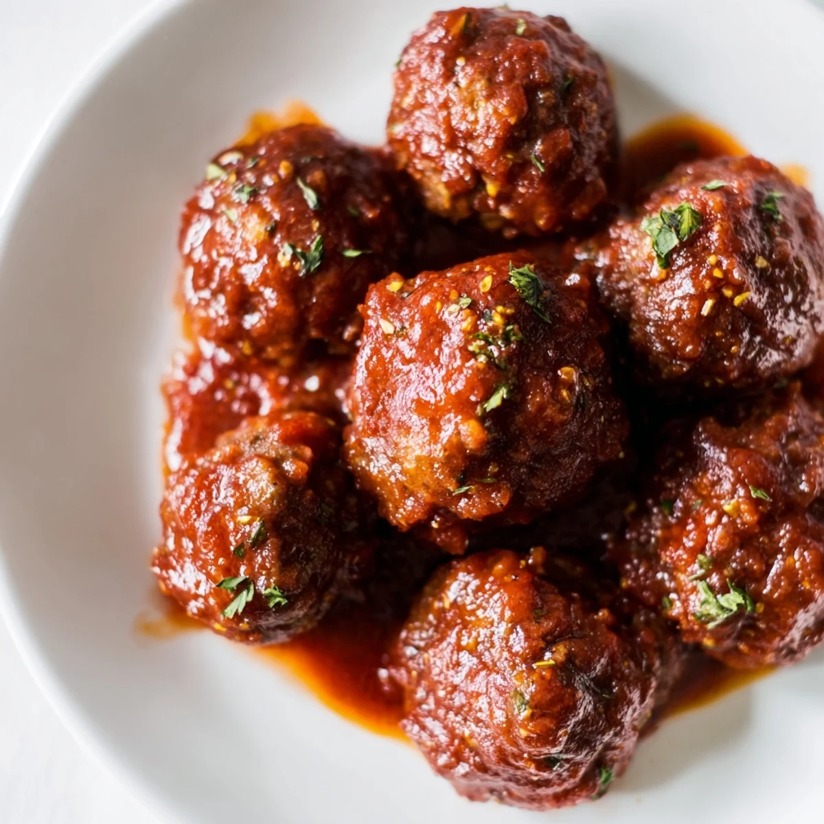 Freshly baked mini beef meatballs topped with parsley on a white serving platter.