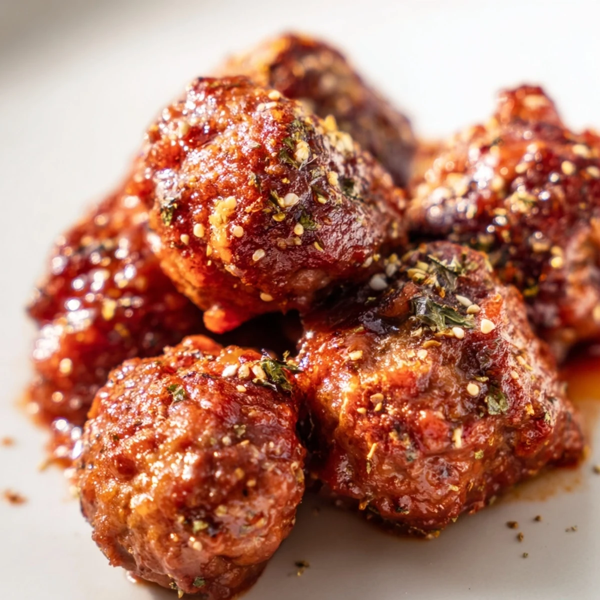 Savory Beef Appetizer Meatballs coated in glossy red sauce, ready for a party platter.