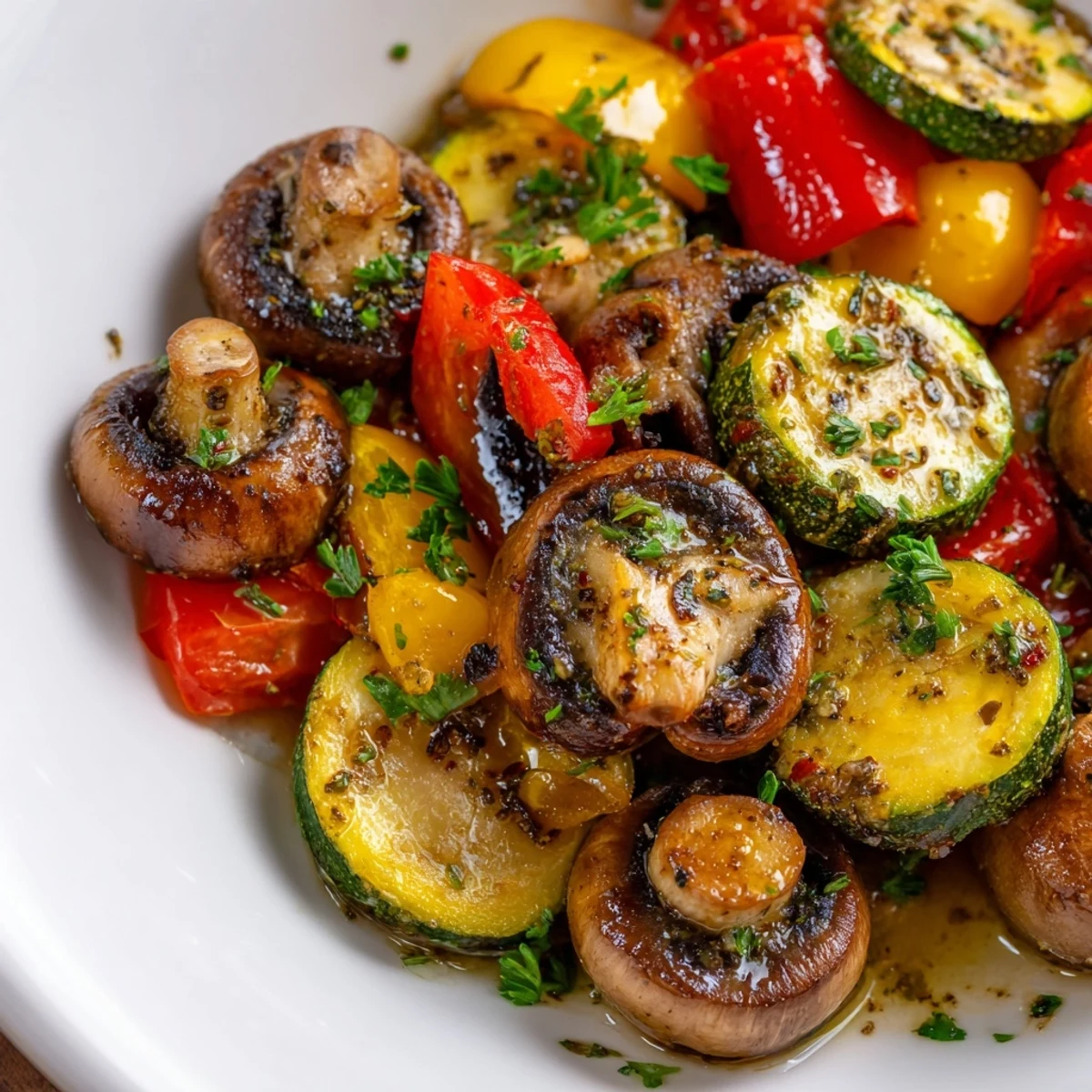 Golden roasted appetizer veggies with caramelized edges on a white platter, garnished with fresh parsley.