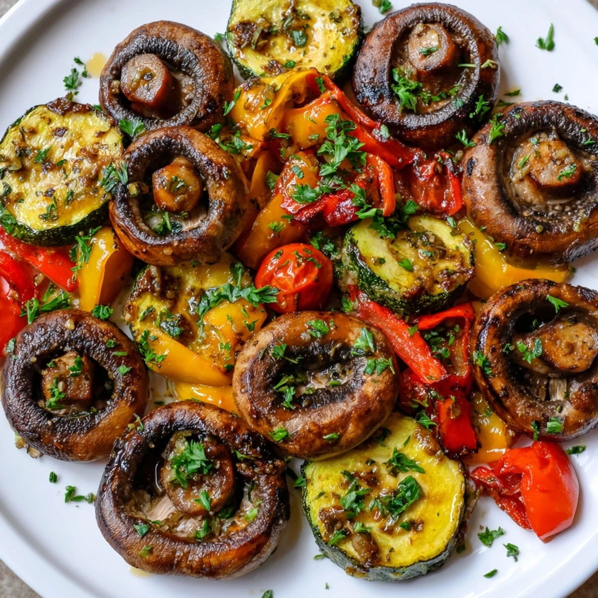 A rustic baking sheet of roasted appetizer veggies, featuring vibrant bell peppers and tender zucchini slices.