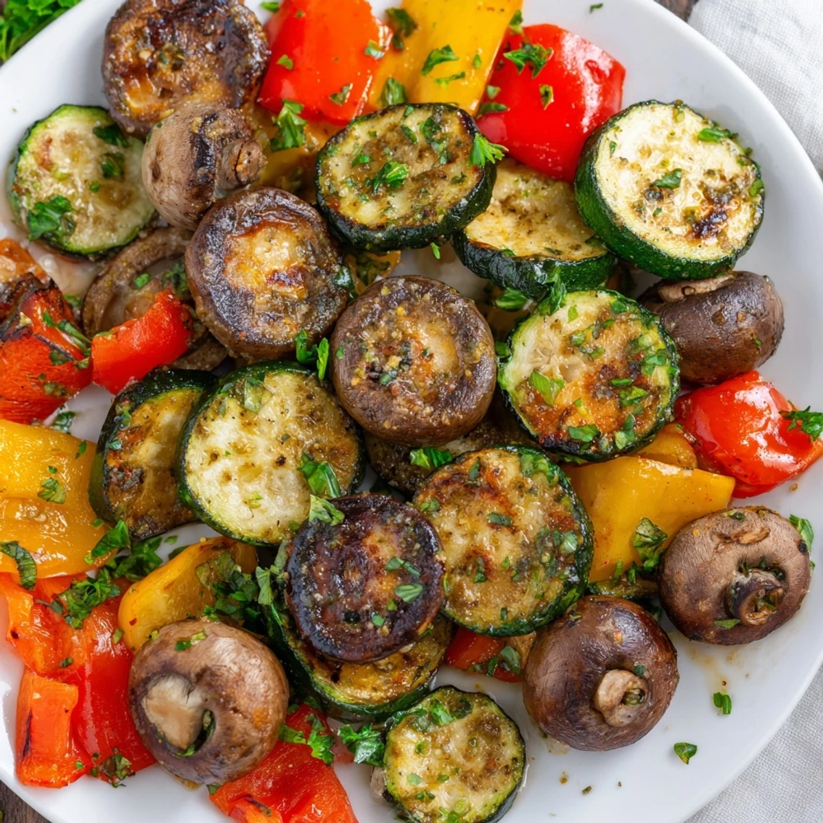 Close-up of roasted appetizer veggies on a plate, with cherry tomatoes bursting and balsamic glaze drizzle.
