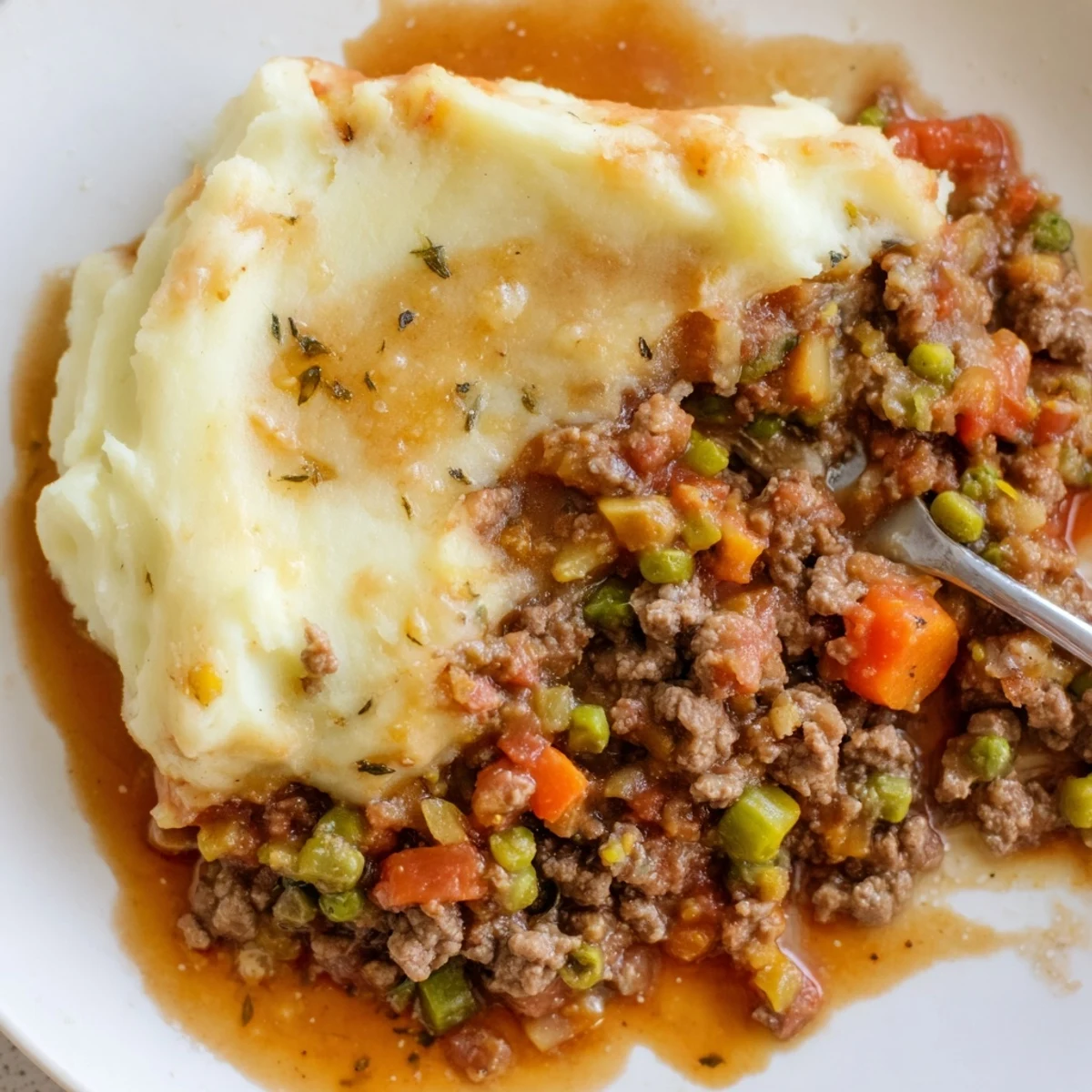 Hearty Beef Shepherds Pie with Cauliflower Mash plated with a fresh green salad nearby.