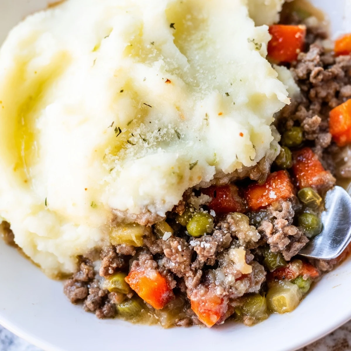 Steam rises from a forkful of savory Beef Shepherds Pie with Cauliflower Mash revealing the rich filling.