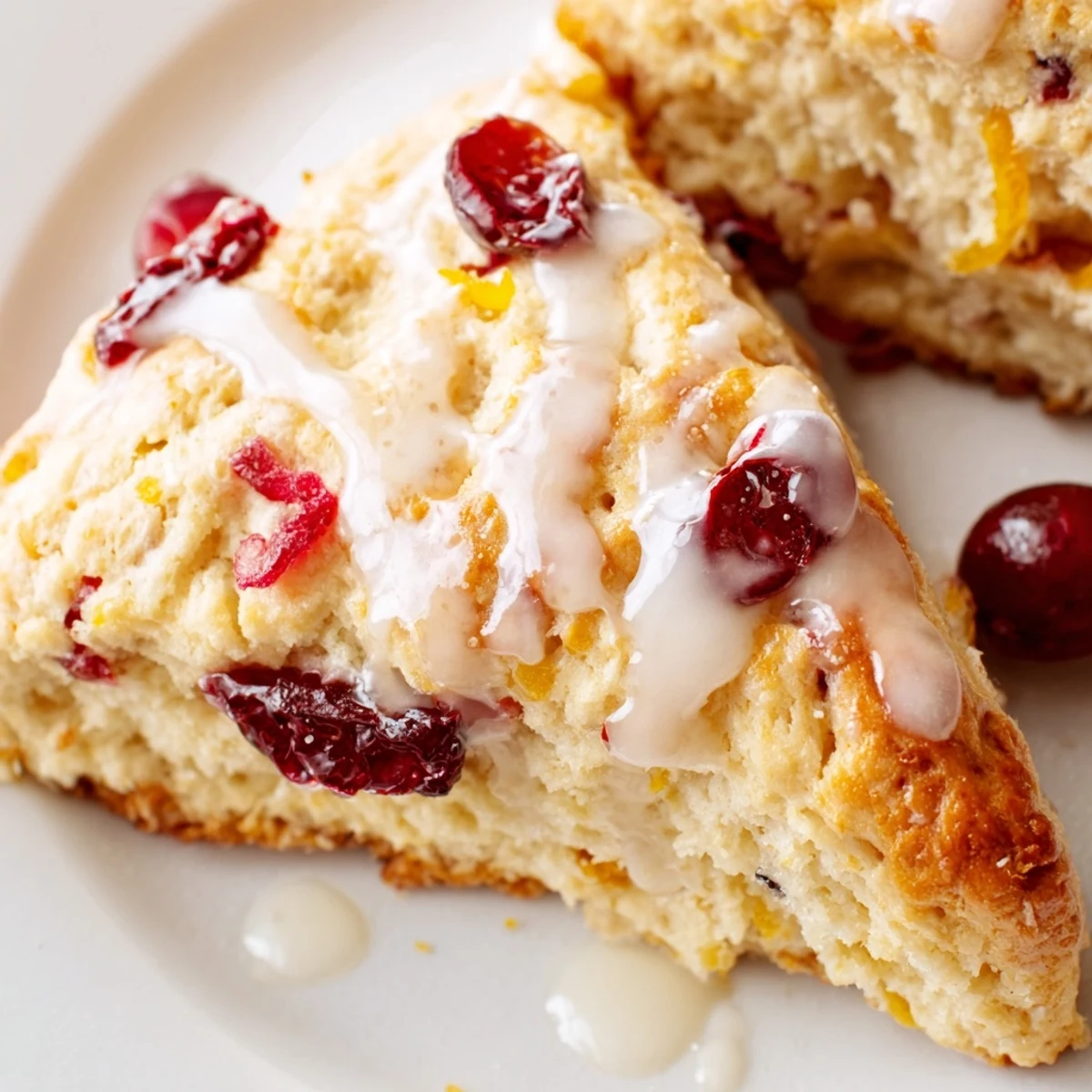Freshly baked Cranberry Orange Scones with a shiny orange glaze resting on a rustic wooden board, surrounded by fresh orange slices and tart cranberries.