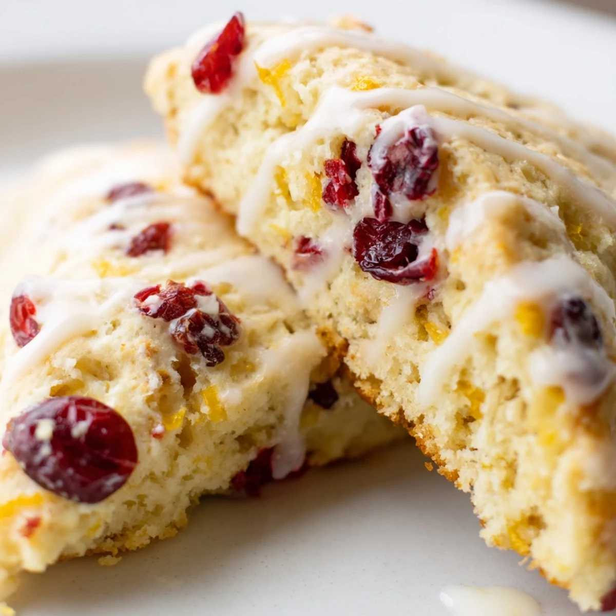 Golden brown Cranberry Orange Scones with orange glaze drizzled over the tops, served on a white plate next to a steaming cup of coffee.