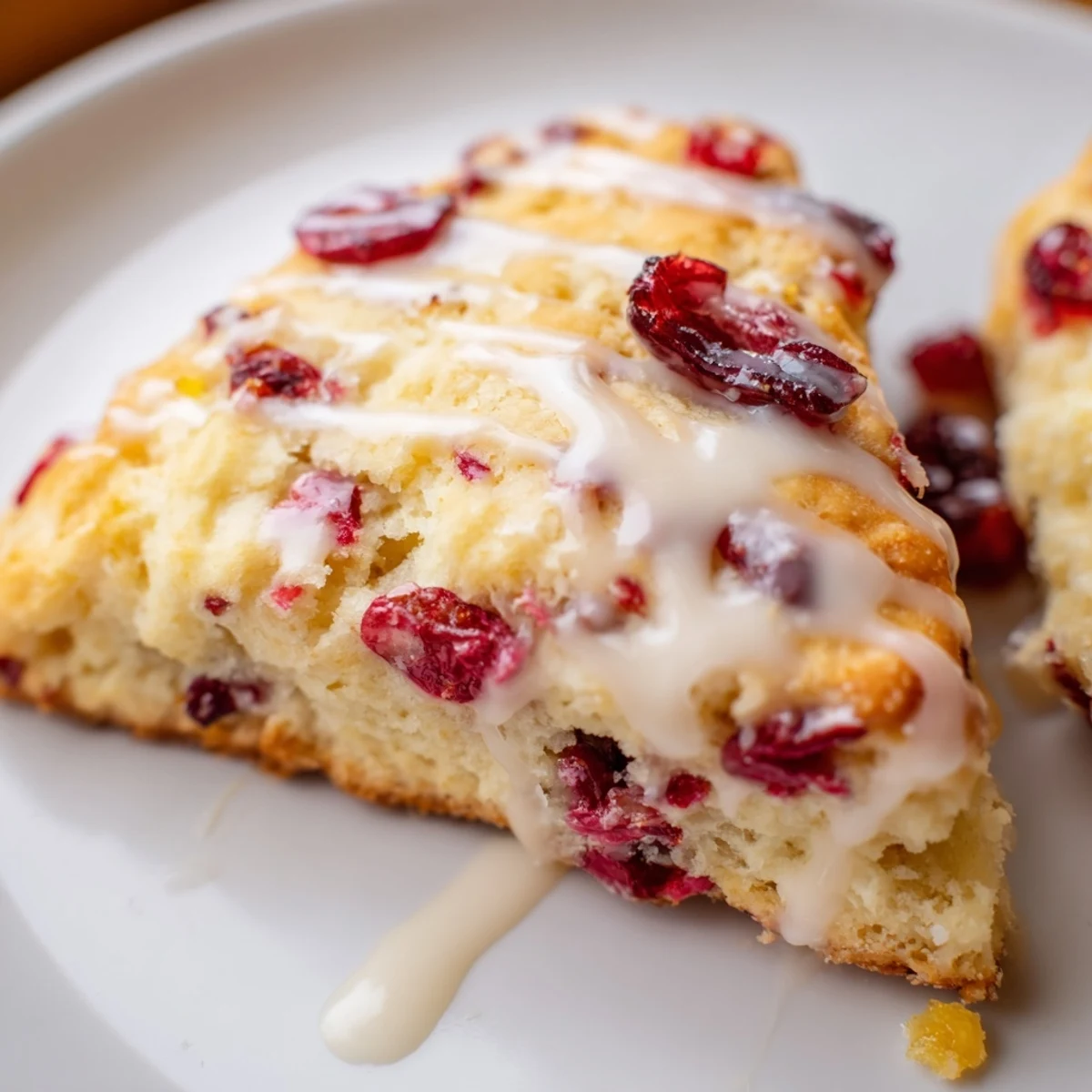 Warm Cranberry Orange Scones piled high on a baking sheet, showing vibrant red cranberries and flecks of orange zest in the tender crumb.