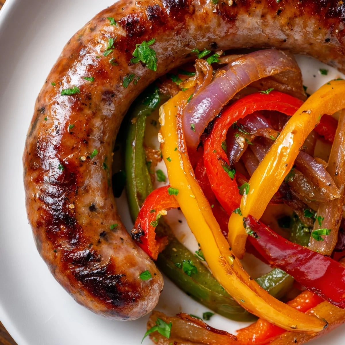 Juicy Italian sausages roasted with colorful bell peppers and onions on a single sheet pan for an easy weeknight dinner.