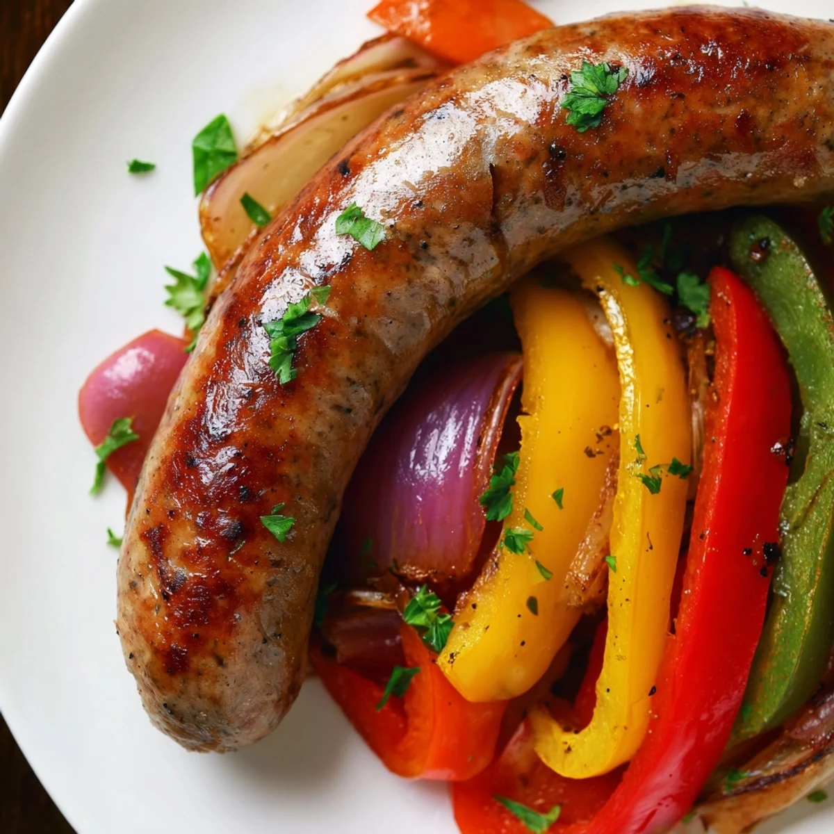 Freshly roasted Sheet Pan Sausage and Peppers served hot, garnished with parsley, ideal for gluten-free or hoagie roll serving.