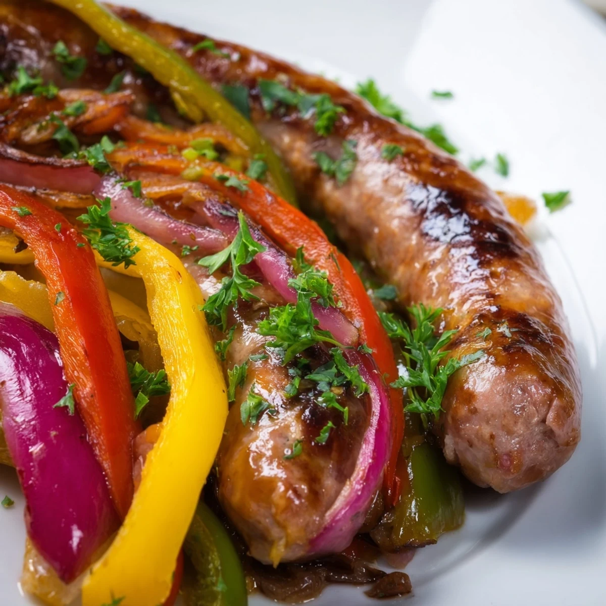One-pan Sheet Pan Sausage and Peppers meal with caramelized onions and tender peppers, glowing from a 425°F oven, ready to serve.