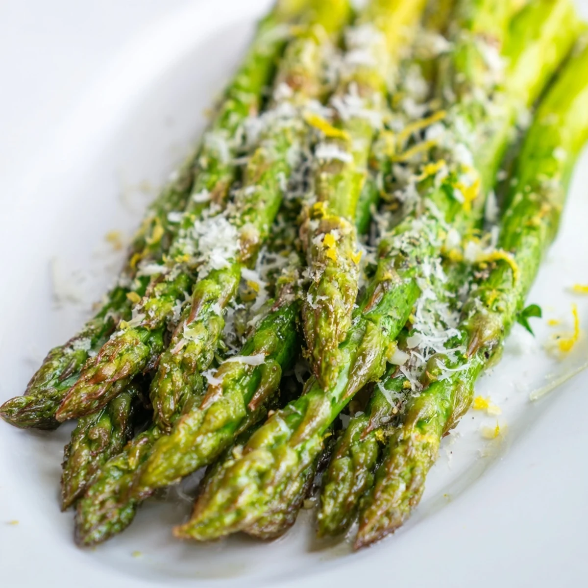 Roasted asparagus with Parmesan and lemon spears topped with melted cheese, resting on a baking sheet ready to serve.