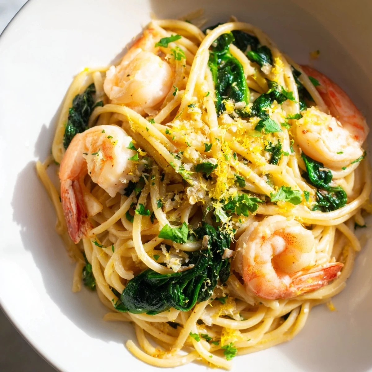 Fork-tender shrimp and wilted spinach mingle in a garlicky lemon butter sauce over al dente spaghetti in this Lemon Garlic Shrimp Pasta.