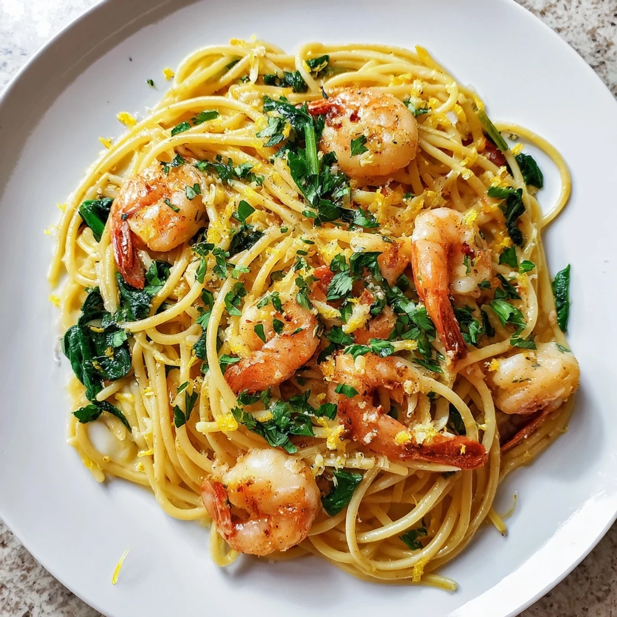 A vibrant close-up of Lemon Garlic Shrimp Pasta, highlighting golden shrimp, fresh parsley, and a silky lemon-butter sauce clinging to noodles.