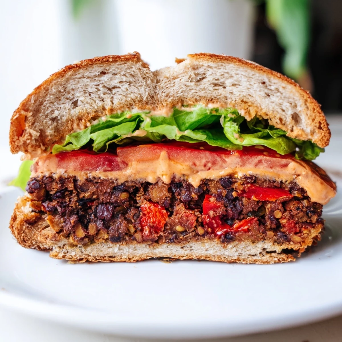 A freshly cooked black bean patty glistening beside creamy chipotle mayo on a soft vegan bun.