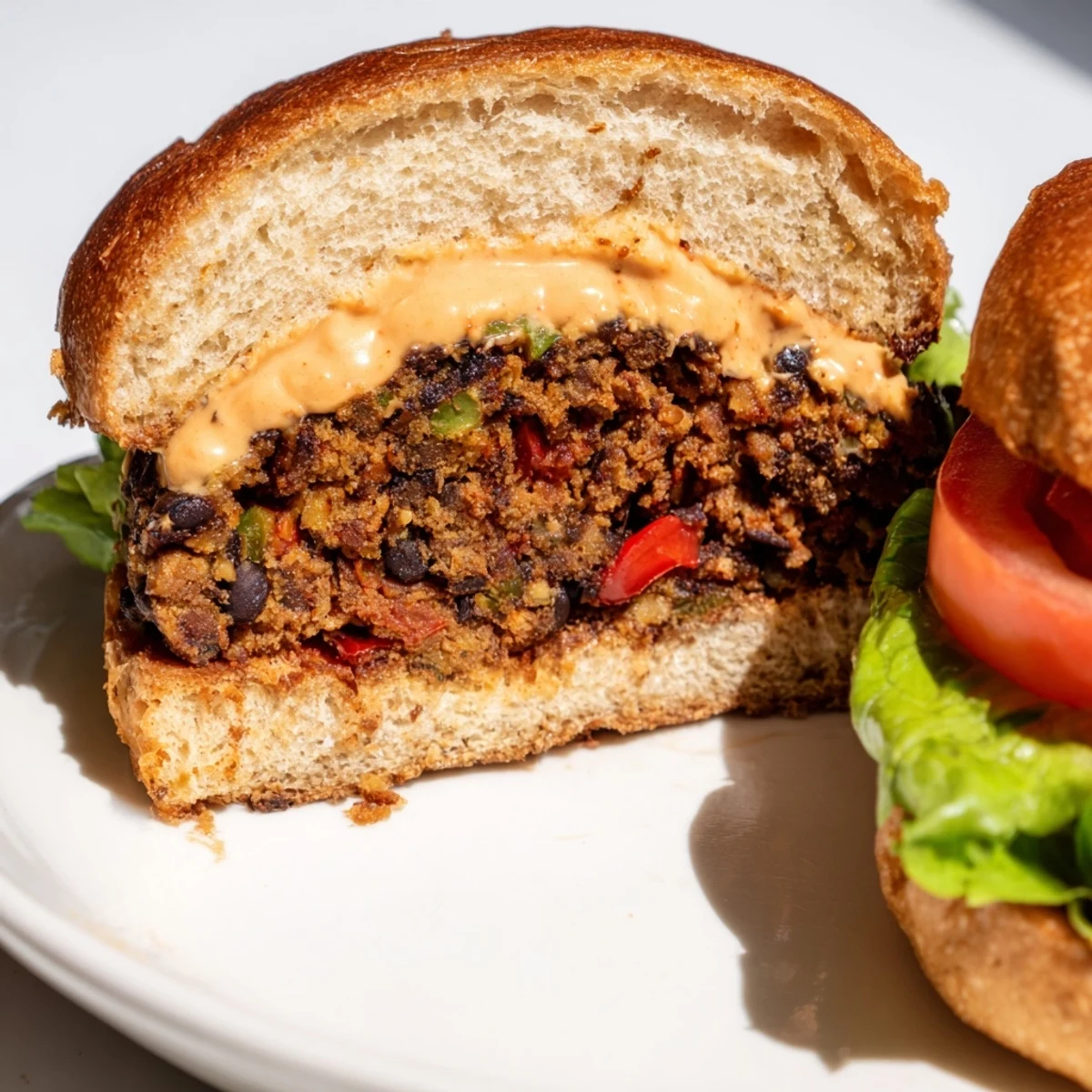 Golden-brown Vegan Black Bean Burger with Chipotle Mayo served with pickles and a side of greens.