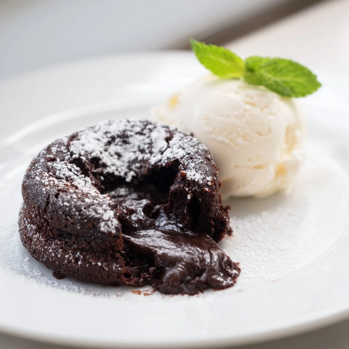 Decadent individual chocolate lava cakes with molten centers and creamy vanilla ice cream on white plate.