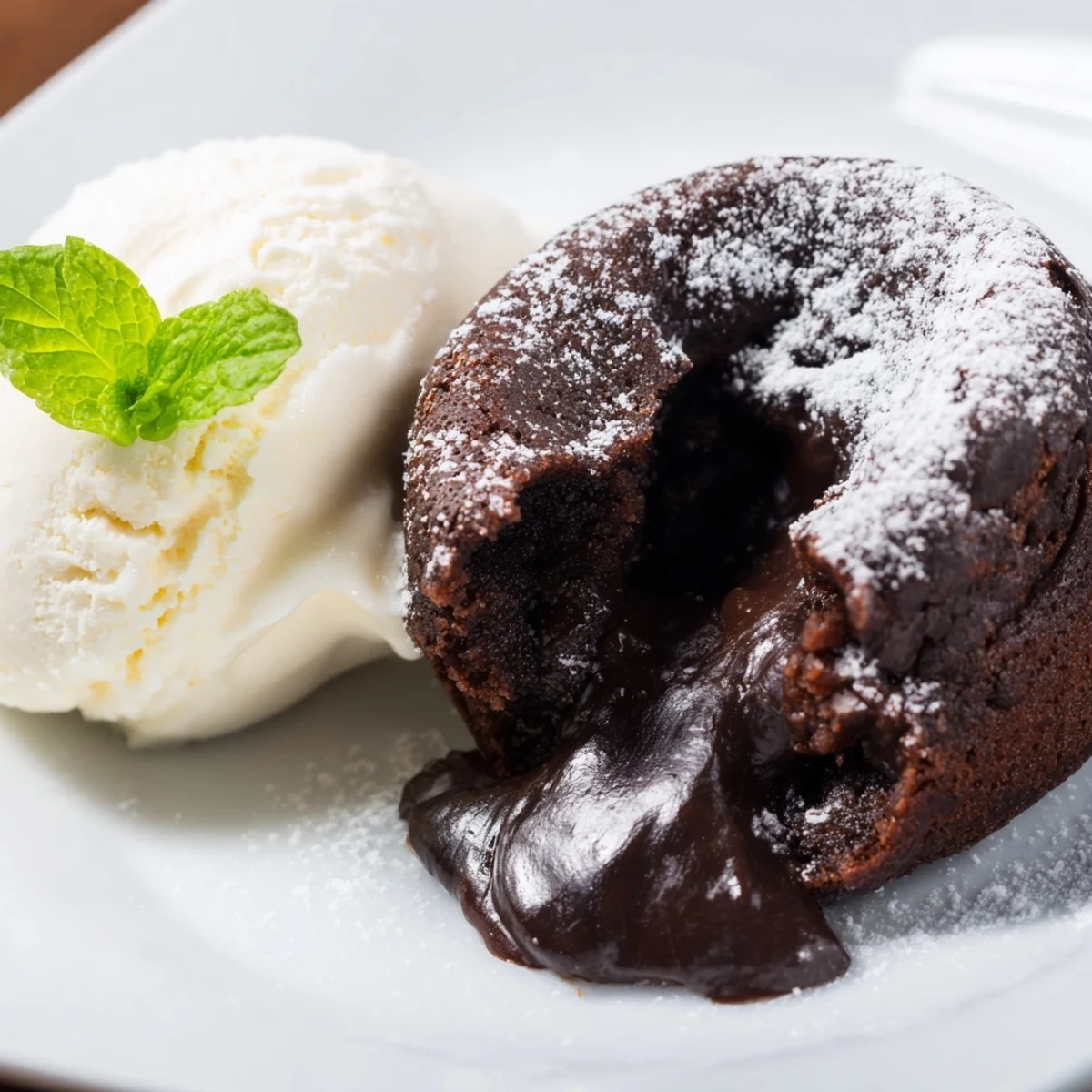Molten chocolate cakes with vanilla ice cream and a dusting of powdered sugar served for dessert.