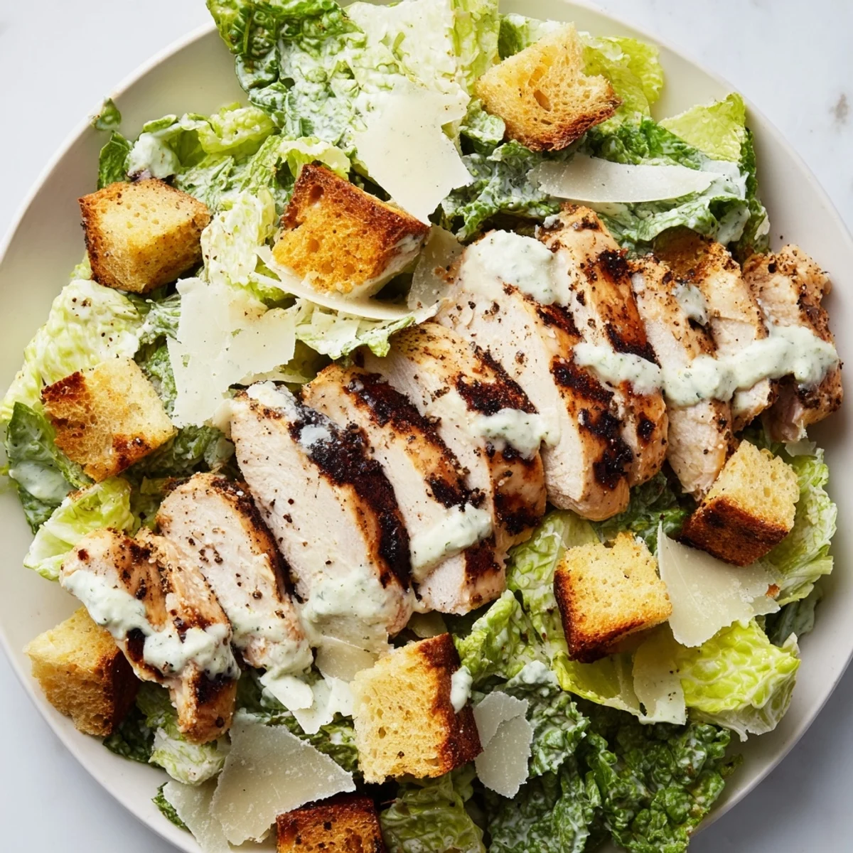 A close-up view of Chicken Caesar Salad shows creamy dressing coating the greens, fresh Parmesan, and crunchy bread cubes. 