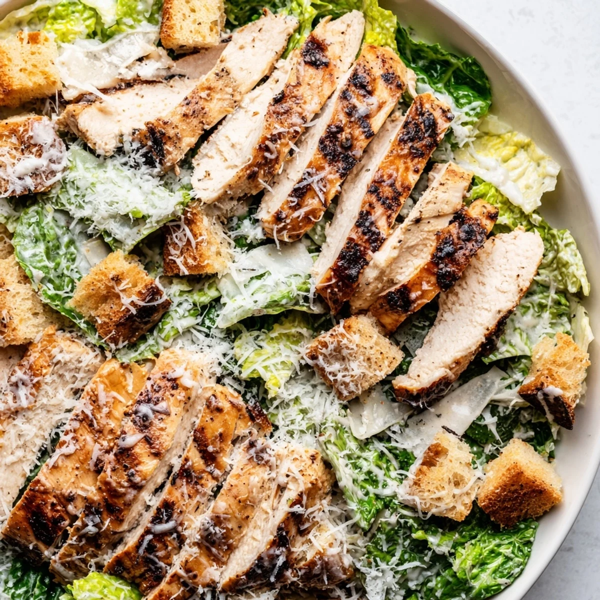Freshly grilled chicken slices rest on crisp romaine lettuce for this Chicken Caesar Salad, topped with golden homemade croutons. 