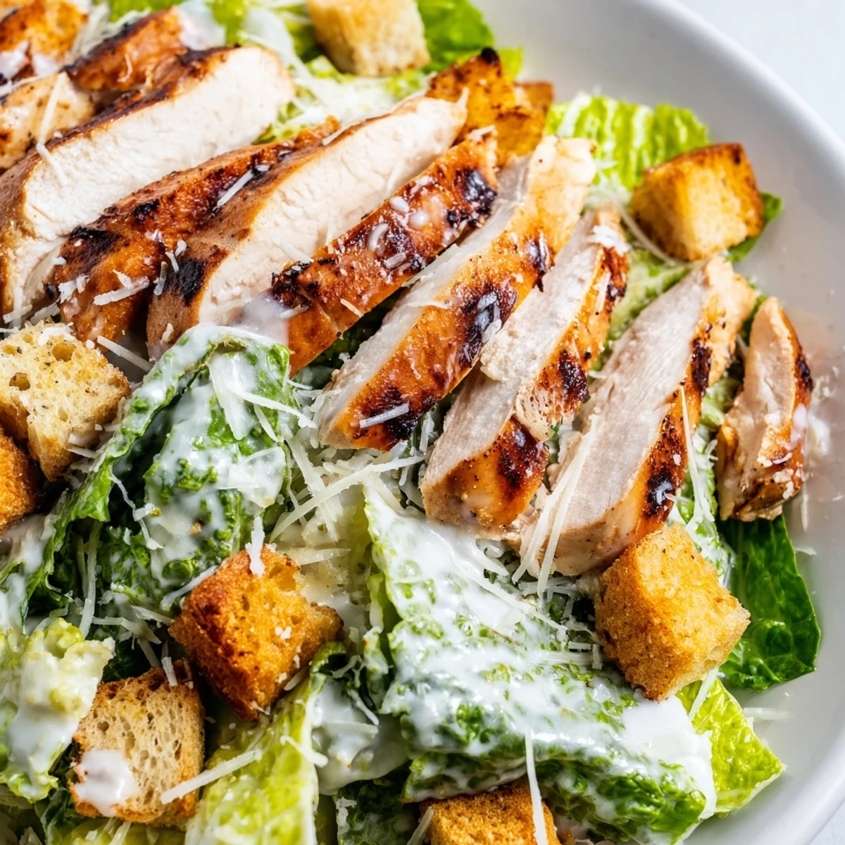 Served in a rustic white bowl, this hearty Chicken Caesar Salad is garnished with extra Parmesan and fresh cracked pepper.