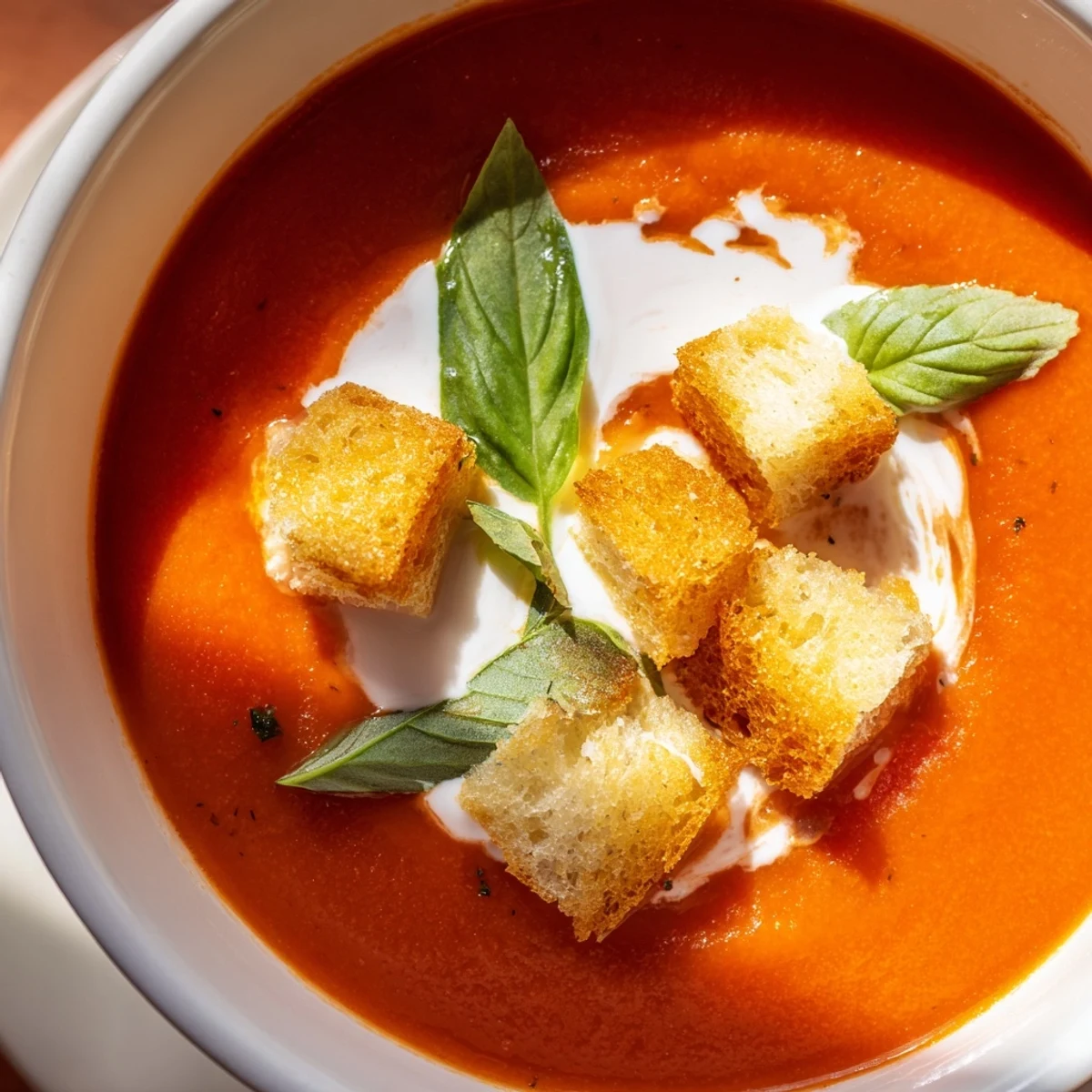 Creamy Tomato Basil Bisque served in a white bowl with golden croutons and a basil garnish.