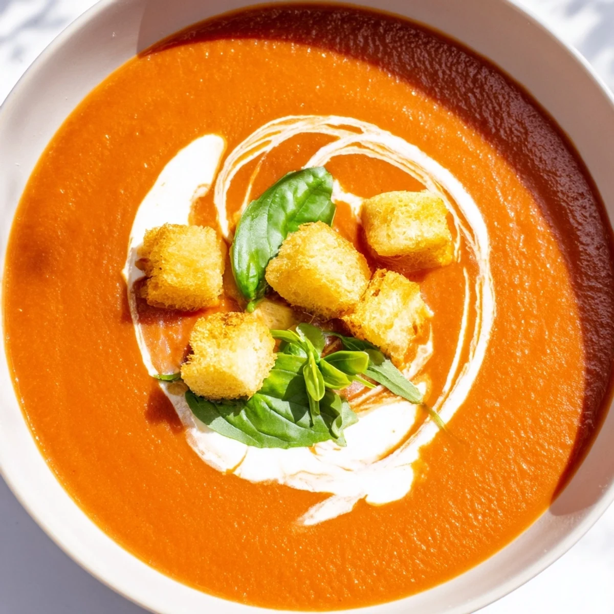 A ladle pours hot Creamy Tomato Basil Bisque into a rustic bowl topped with croutons.