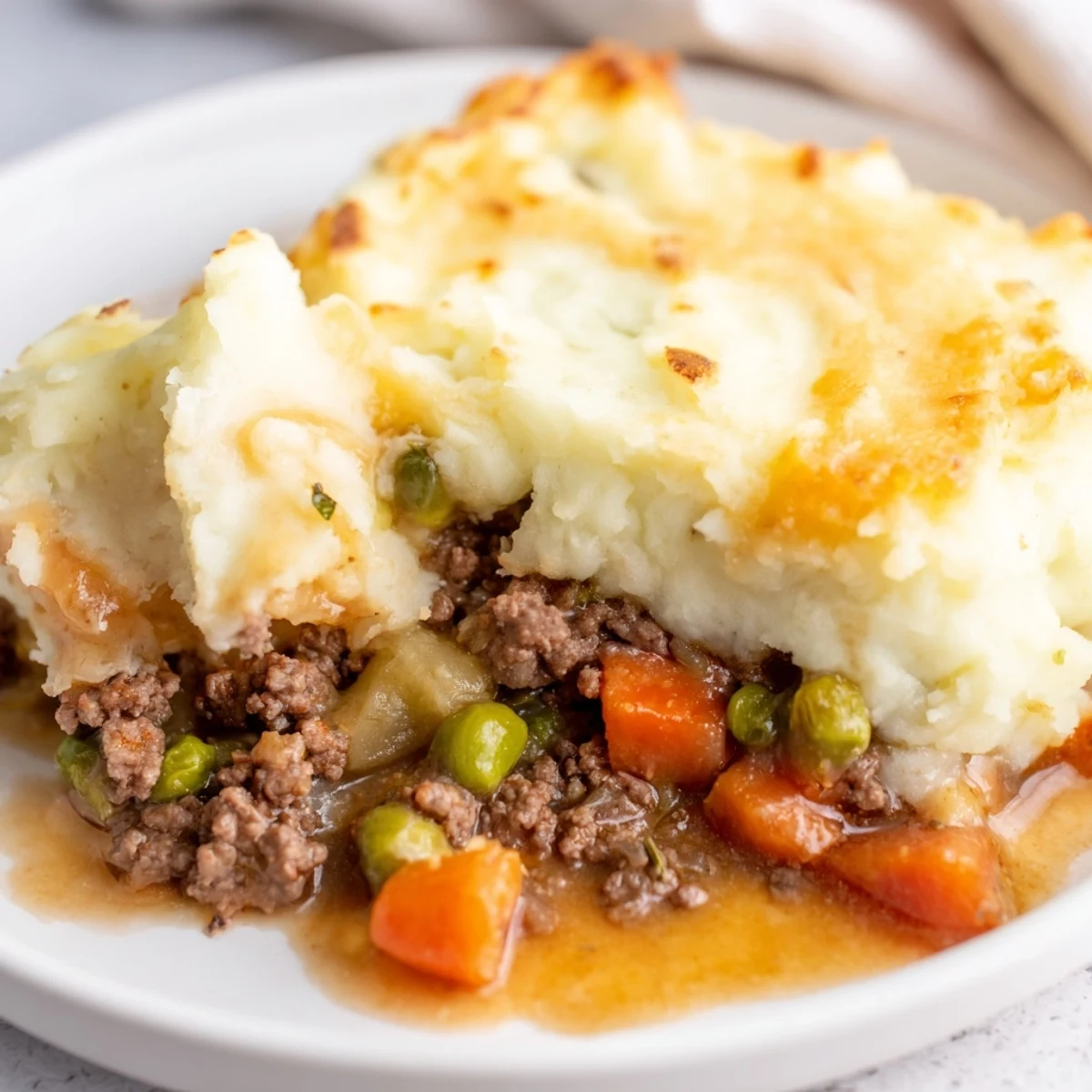Golden-brown Beef Shepherds Pie with creamy cauliflower mash bubbling in a ceramic dish, served as a comforting low-carb main dish.