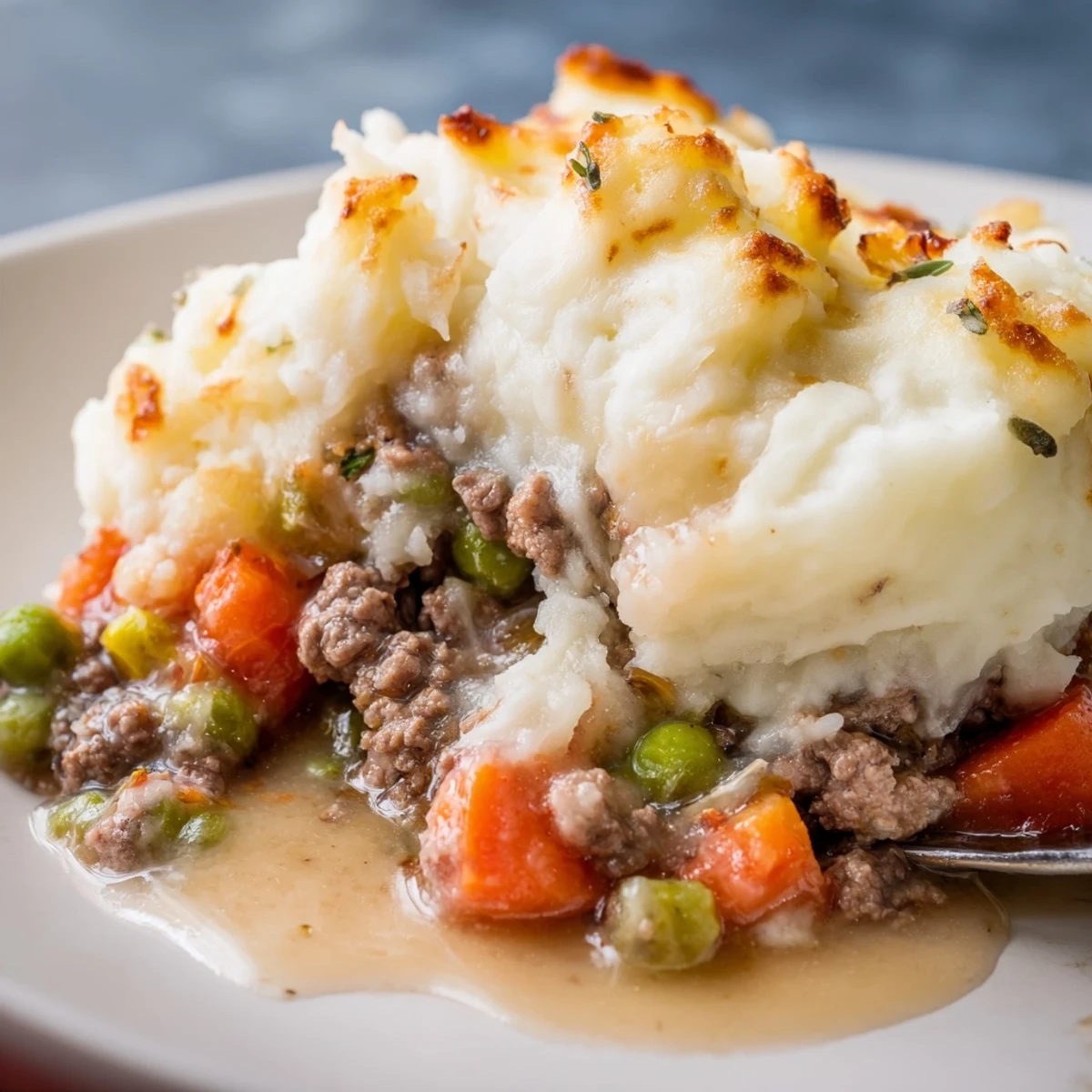 Beef Shepherds Pie with cauliflower mash is plated beside fresh green beans, showcasing a golden, cheesy top and a savory dinner perfect for family meals.