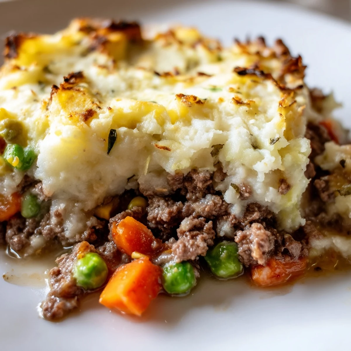 A hearty slice of Beef Shepherds Pie with cauliflower mash is lifted from the pan, revealing a rich beef, pea, and herb filling.