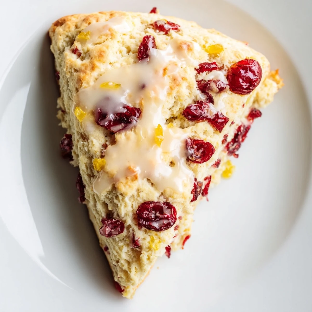 Cranberry Orange Scones with Sweet Orange Glaze, golden brown and drizzled on a parchment-lined tray.