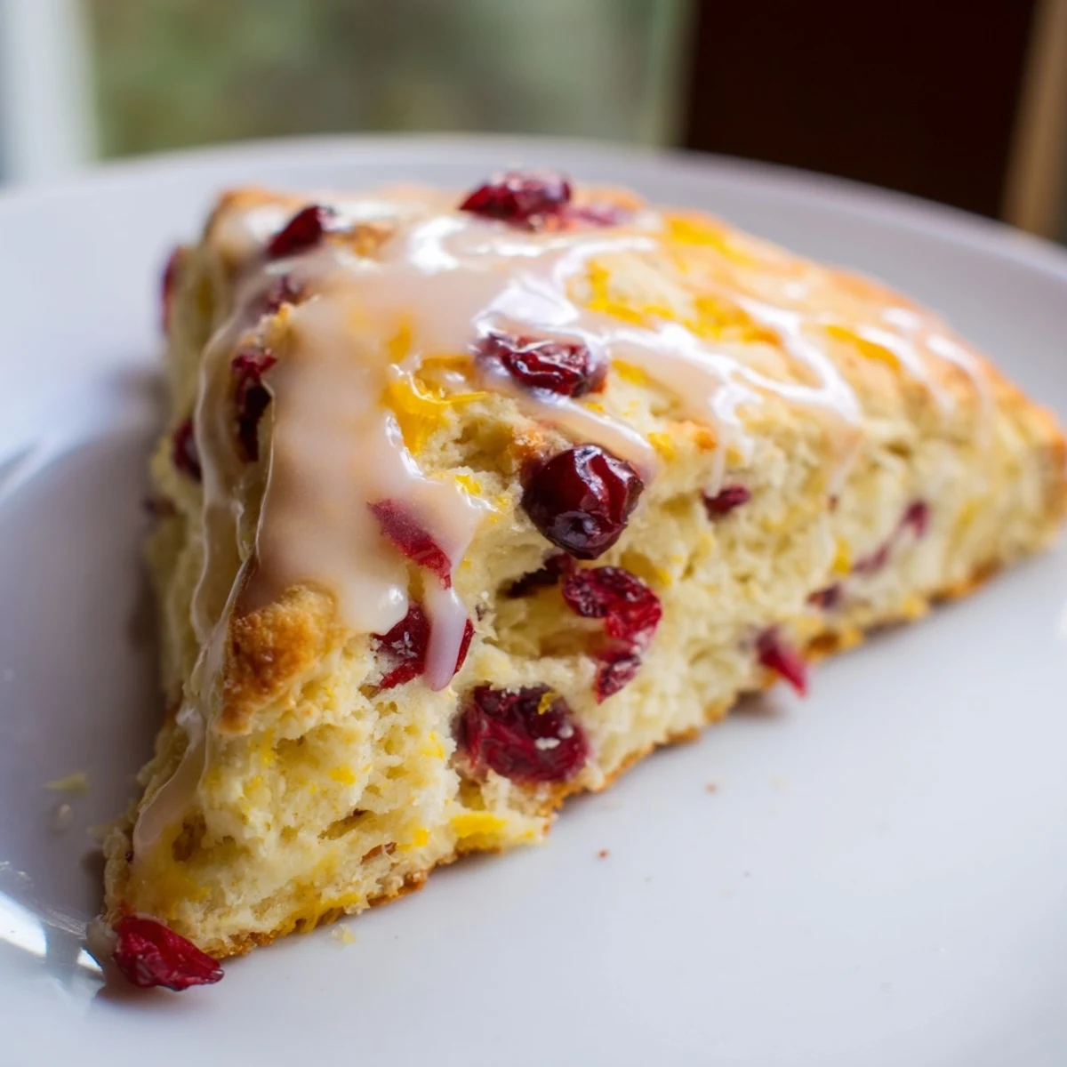 Homemade Cranberry Orange Scones with Sweet Orange Glaze, perfect for a cozy breakfast with a hot cup of coffee.