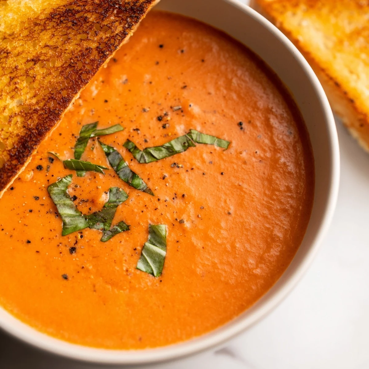 Creamy Tomato Basil Bisque with Grilled Cheese Soldiers steaming in a rustic bowl, garnished with fresh basil and ready for dipping.