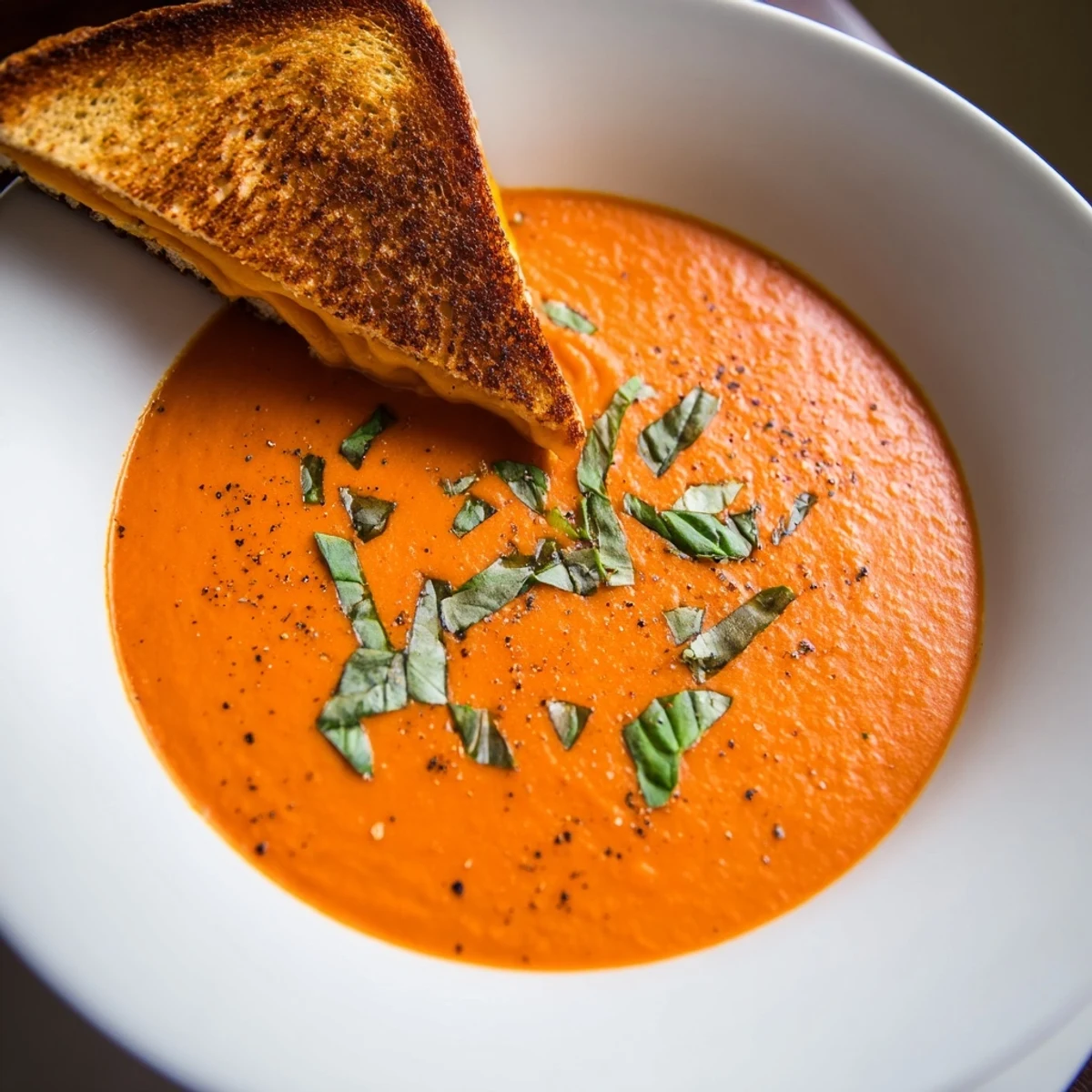 A close-up of golden, crispy Grilled Cheese Soldiers alongside a velvety Creamy Tomato Basil Bisque, perfect for a cozy meal.