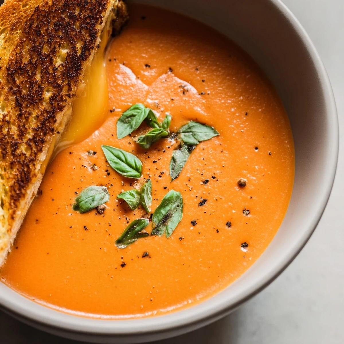 Rustic bread soldiers dipping into rich Creamy Tomato Basil Bisque, topped with fresh basil, served warm for an comforting lunch.