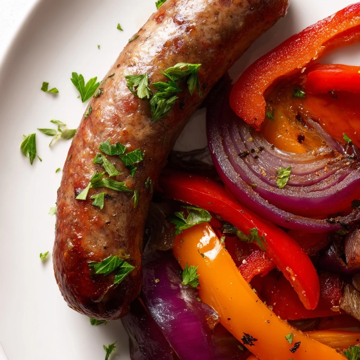 Sheet Pan Beef Sausage and Peppers with Onions served hot alongside crusty bread for dipping.